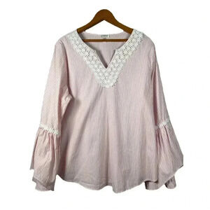 Spence Pink White Striped Top 3/4 Sleeve Floral Lace Embellished Blouse Size L